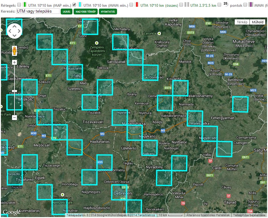 Részlet az „UTM 10*10 km (MMM min.)” térképi rétegről (Északkelet-Magyarország). Ez a réteg azokat a 10*10 km-es UTM négyzeteket jeleníti meg, melyekben a MAP keretében MMM felméréseket is végezni kell 2014-2017 között (minimális program).