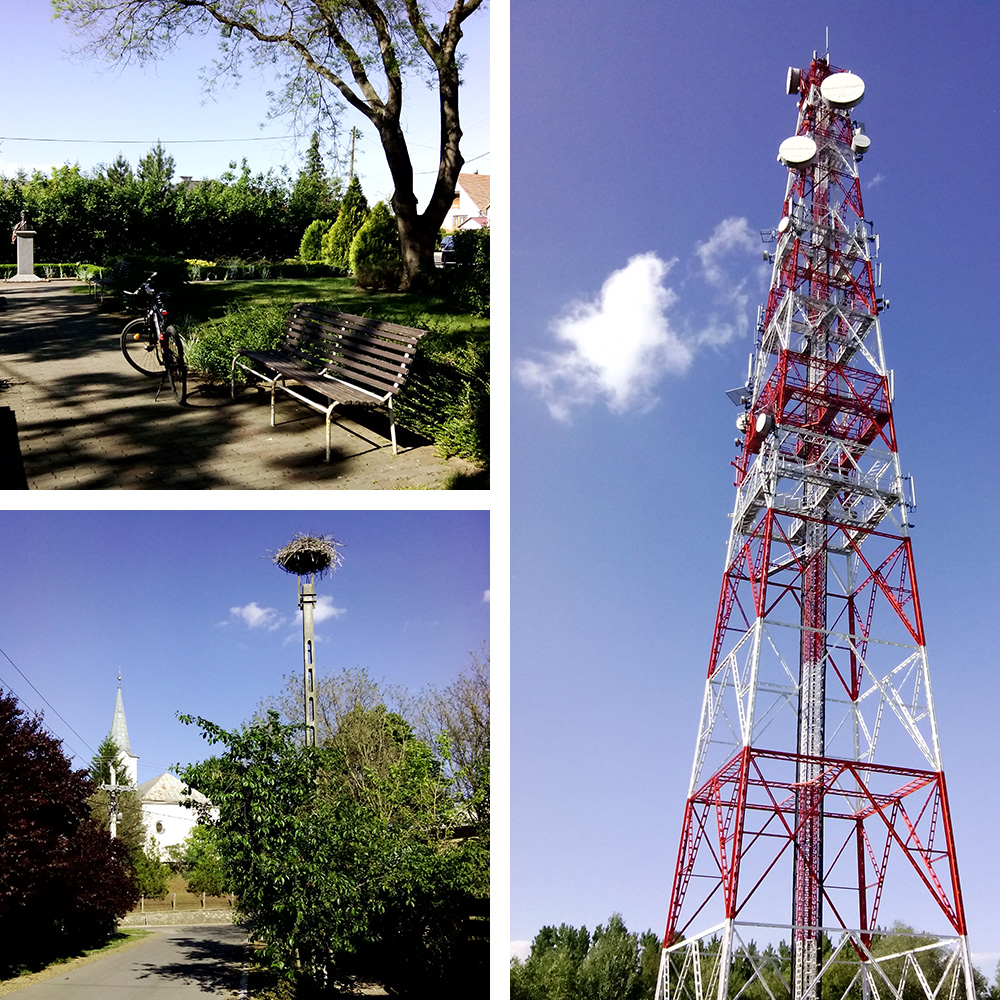 Az EU51D4 keleti oldalán: kis park Petőfi mellszoborral (nagy fakopánccsal), gólyafészek a Csengő közben (fehér gólyával) és a telekommunikációs adótorony (alatta pl. fülemülével).