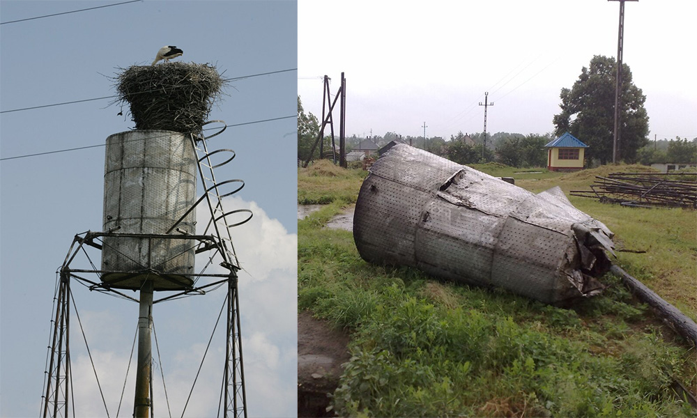 A Szabolcs-Szatmár-Bereg megyei Biriben lévő víztorony 2010-ben egy nyári viharban ledőlt, s így az évtizedes gólyafészek is megszűnt létezni. ::: Fotó: Pásztor Tamás