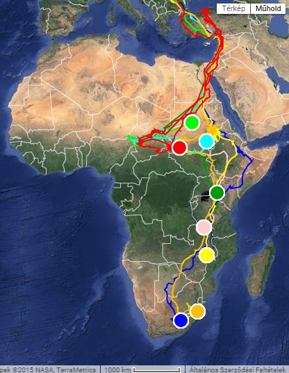 A februárban aktív, azaz adatokat küldő, Afrikában lévő jeladós gólyáink friss pozíciói (2015.02.26.) <br>Forrás: satellitetracking.eu