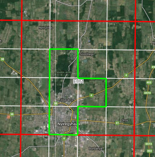 Az EU51 kódú 10*10 km-es UTM négyzeten belül a zölddel körberajzolt 4 db 2.5*2.5 km-es négyzetben terveztem a felméréseket. Ezek baloldalon lefelé az EU51A4, EU51B3, EU51B4, s jobbra az EU51D1.