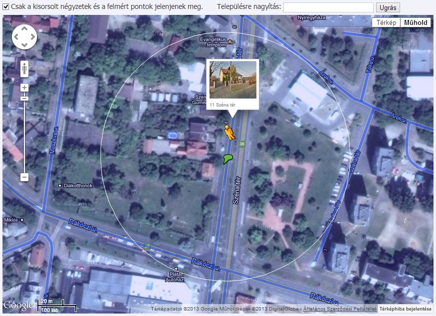 Mivel a 01-es pont az útra esik, így a „kis sárga emberkét” a térképre húzva (utcanézet) azonnal megjelenik a Street View képen a pont és környezete, mintha ott lennénk. A különbség „csak annyi”, hogy ez esetben a Google autója 2011 novemberében járt arra, s egyelőre a madarakat még nem hallhatjuk rajta, így egy ideig még ki kell mennünk a terepre madarakat számlálni. :-) 