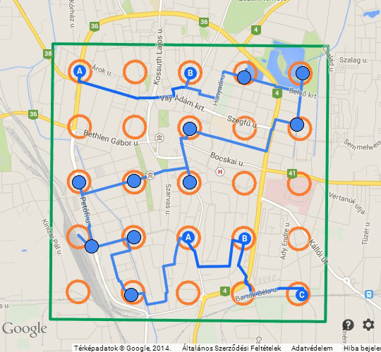 Példaként mutatom be az egyik saját négyzetem (EU51B4) térképén a 15 MMM megfigyelési pont felkeresése során bejárt útvonalamat. Jól látható, hogy a 15 ponton történő MMM számlálás közben 20 pont közelében is járok, s a négyzet valamennyi jellemző főbb élőhely típusát érintem. ::: Ez egy városi négyzet, melynek bejárási útvonalát a Google útvonal-tervezőjével is meg tudtam rajzolni a példa kedvéért. A kék pontok nem a számlálási pontok, csak a tervező azokat tudta értelmezni köztes pontként. Tehát csak a kék vonalakat érdemes figyelni! ;-)