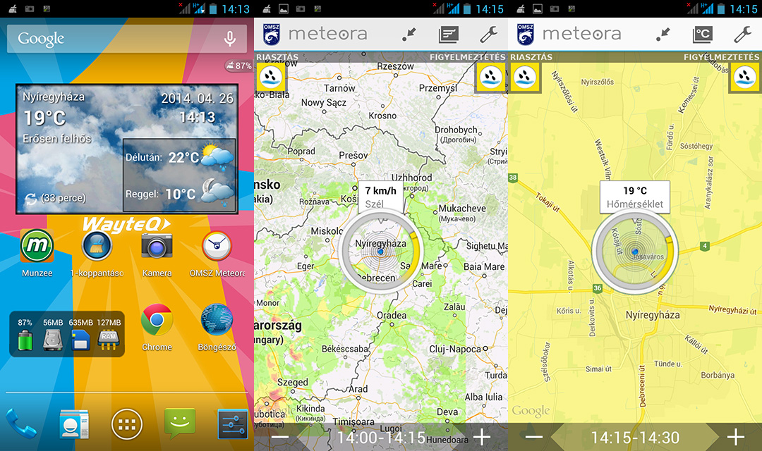 Ma délutáni képernyőképek az Androidos telefonomon futó Meteora alkalmazásról ::: A bal oldali képen az Időkép widget látható, a jobb alsó sarka alatt pedig a Meteora indító ikonja.