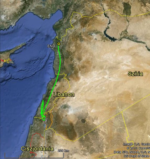 Tisza mozgása május első 10 napján ::: Az első kilenc napban csak kisebb kirándulásokat tett Izraelben és Libanon déli részén, majd 10-én 270 km-t repült majdnem a szír-török határig.