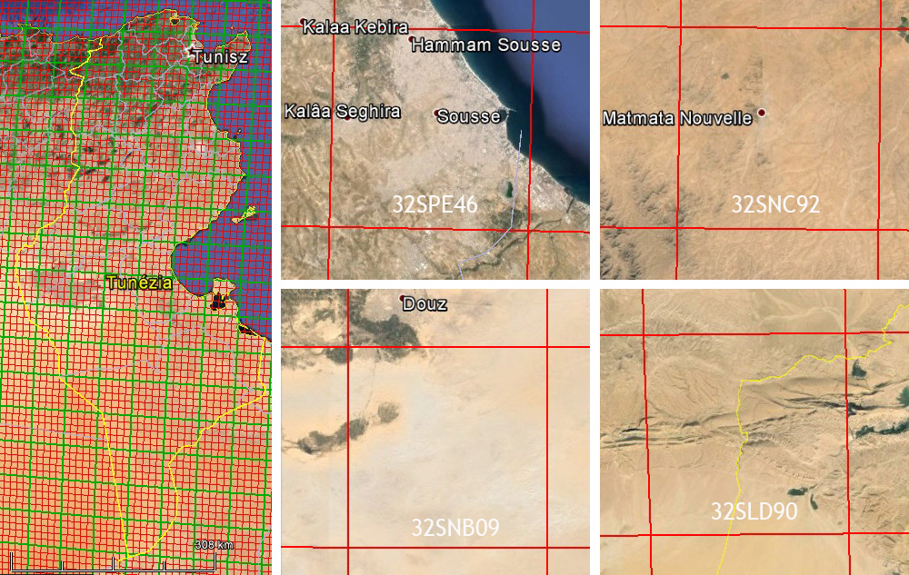 Így néz ki Tunézia UTM négyzeteinek hálója (zöld: 50*50 km, piros: 10*10 km). A legtöbbet az áttekintő térkép melletti négy 10*10-es négyzetben madarásztam. A jobb alsó négyzet nagyobbik része már Algériában van.