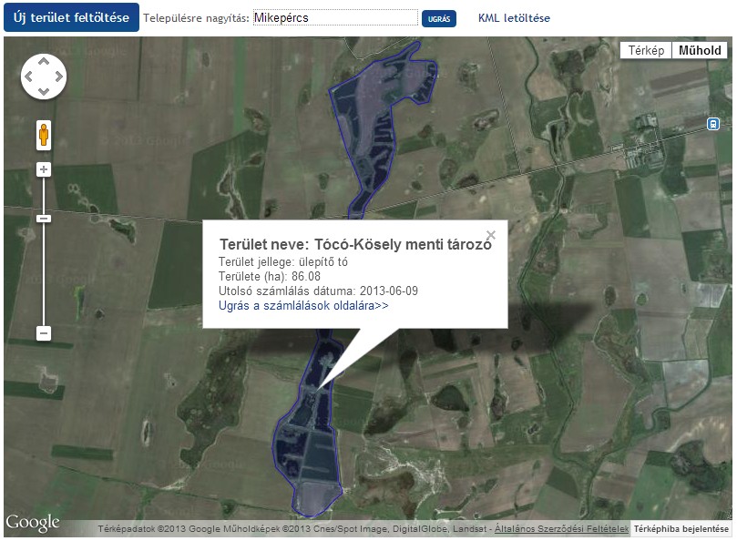 A Tócó-Kösely menti tározó a Vízimadár adatbázis térképén